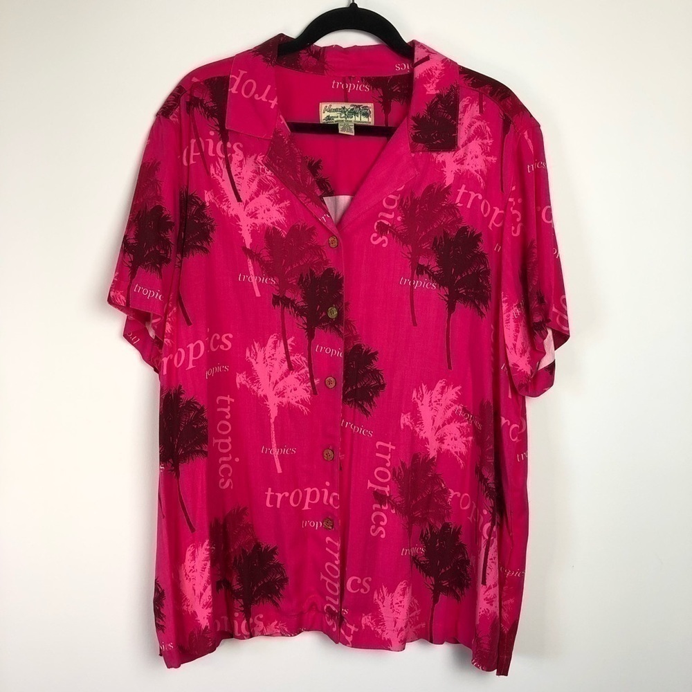 Havana Jacks Cafe Tropical Hawaiian Button Short Sleeve Shirt Pink palm tree - Picture 2 of 8